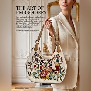Sharif Genuine Leather White Parrot Floral Embroidered Hobo Y2K Bag